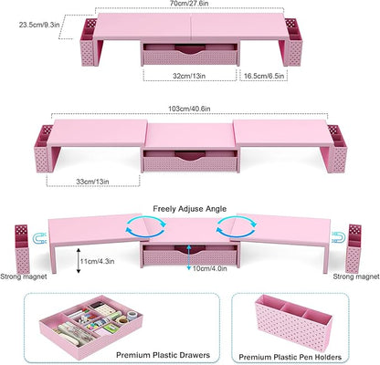Spacrea Metal Desk Organizers and Accessories, Dual Monitor Stand Riser with Drawer and 2 Pen Holders, Desk Accessories & Workspace Desktop Organizers for Office Supplies (Pink)