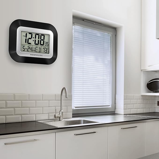 Westclox Large Digital Wall Clock Battery Operated with Temperature Date and Day of Week with Alarm | Modern Digital Desk Clock for Office Kitchen Bedroom or Living Room | Black