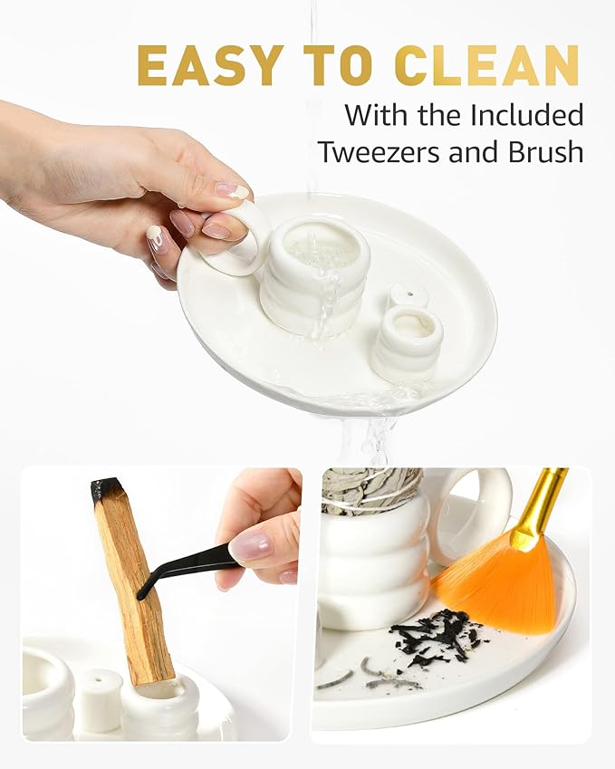 4 in 1 Incense Holder, Palo Santo Holder for Burning Sage, Sticks & Candle, Ceramic Incense Burner with Handle, 5.9 Inch Ash Catcher Tray, Zen Decor for Meditation & Gift, White