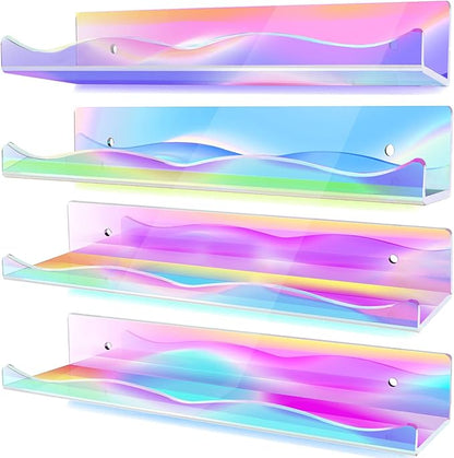 DILIBRA 4 Packs Iridescent Acrylic Floating Shelves, 15.7 Inch Clear Acrylic Display Shelf Wall Mounted, Invisible Set up for Funko Pop Display Shelves Wall Ledge Bookshelf for Kids Room Bathroom Dorm
