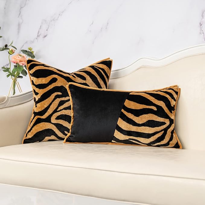 Yangest Black and Gold Rectangle Pillow Cover Cut Velvet Zebra Print Cushion Cover Luxury Modern Pillowcover for Couch Living Room Bedroom,12x20 Inch
