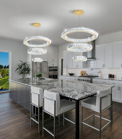 3 Rings LED Chandelier Modern Dimmable Dining Room Chanderliers Entryway Crystal Pendant Lights for Kitchen Bedroom Living Room Gold Light