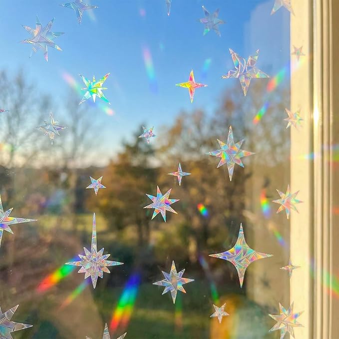 32 Pcs Star Window Clings, Anti Collision Window Decals to Save Birds, Non-Adhesive Rainbow Stickers, Sun Catcher Stickers Aesthetic Decor