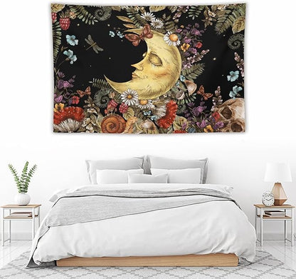 Boho Moon Tapestry Wall Hanging,Vintage Sun and Moon Skull Hippie Mushroom Floral Plant Tapestries for Dorm Living Room Bedroom Decor(40"x60")
