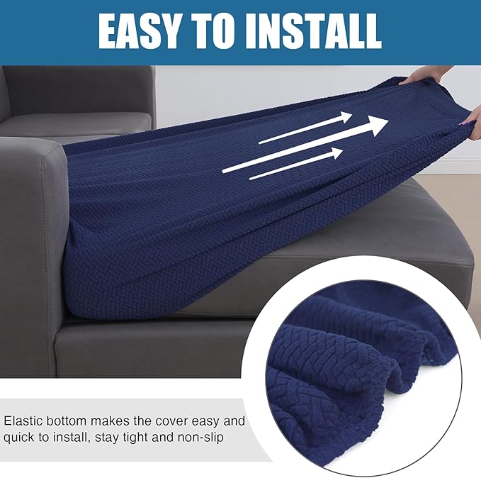 Smiry Waterproof Couch Cushion Covers, Stretch Jacquard Sectional Couch Covers, L Shape Chaise Lounge Sofa Slipcover, Washable Elastic Furniture Protector for Pets, Kid (XL-Chaise Cover, Navy)