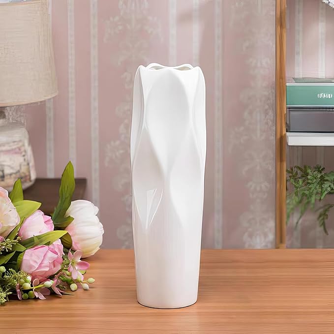 12Inch Tall Ceramic White Flower Vase,Home Decor White Vases for Pampas Grass,Modern Textured Vases for Living Room Decorations,Shelf,Table Centerpieces,Farmhouse Small Ceramic Vase