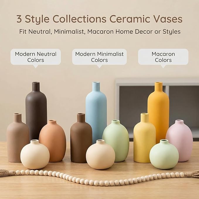 Ceramic Vase Set of 4, Modern Neutral Colors Home Decor, Rustic Farmhouse Decorative Flowers Vases for Bouquet, Pampas | Table Mantel Centerpiece Bookshelf Living Room Bedroom (Neutral Mix Set of 4)