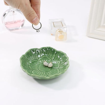 Flower Ring Dish Holder,Jewelry Dish Tray,Small Trinket Tray,Jewelry Plate Bowl,Key Bowl,Decorative Plate,Birtdhay Christmas Gifts for Women Friends,Ceramic Green