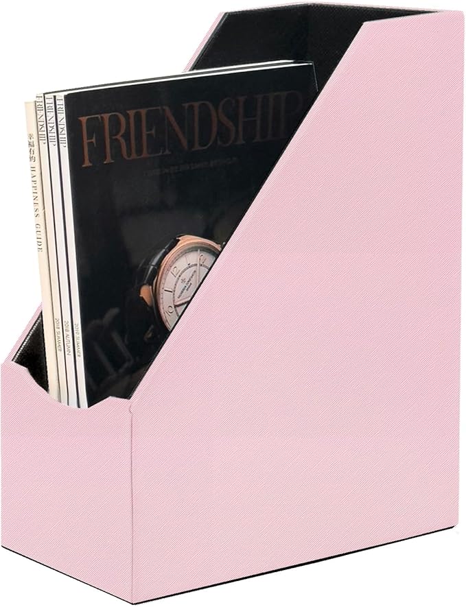 UnionBasic Magazine File Holder, Leatherette Desktop Document Organizer, Home Office Paper Holder File Storage Literature Sorter, Pink