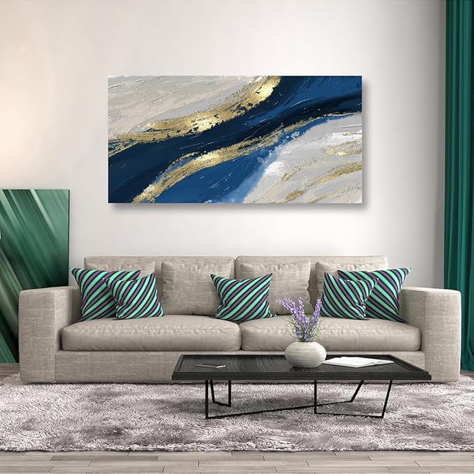 Abstract Canvas Wall Art for Living room Office Bedroom Golden Blue Wall Art Print Oil Paintings Modern Abstract River Texture Pictures Wall Decor Artwork Waterproof Ready to Hang - 70in * 35inch