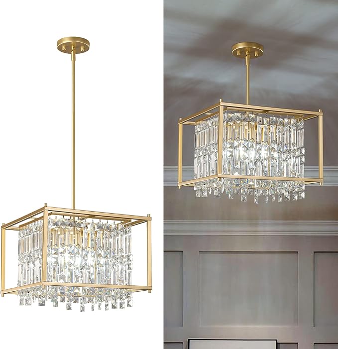LMQNINE Modern Foyer Chandelier, Gold Crystal Chandelier Entryway Pendant Light Fixture, Square Adjustable Height Chandeliers for Kitchen Island, L15.74'' x H9.84''