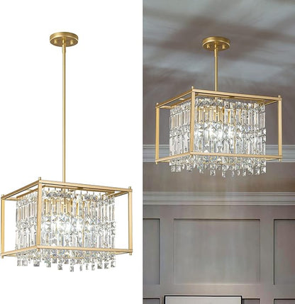 LMQNINE Modern Foyer Chandelier, Gold Crystal Chandelier Entryway Pendant Light Fixture, Square Adjustable Height Chandeliers for Kitchen Island, L15.74'' x H9.84''