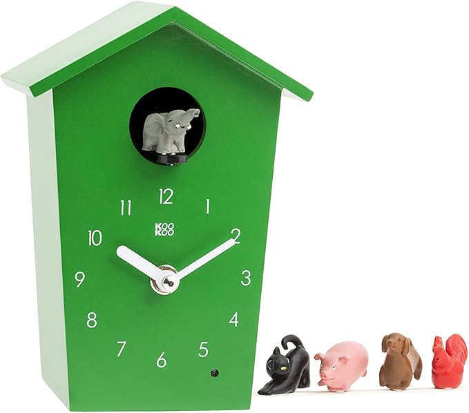 KOOKOO AnimalHouse Green, Small Cuckoo Clock with 5 Farm Animals Sounds (Natural Field Recordings)