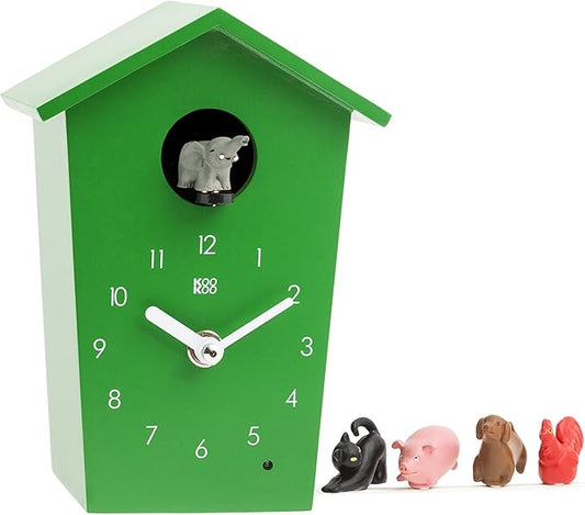 KOOKOO AnimalHouse Green, Small Cuckoo Clock with 5 Farm Animals Sounds (Natural Field Recordings)