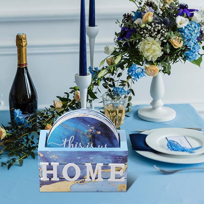 Queekay Coasters Set of 6 House Warming Gifts New Home Wooden Farmhouse Drink Coasters with Holder 4'' Funny Decoration for Kitchen Family Coffee Bar Tabletop Protection(Gilded Blue)