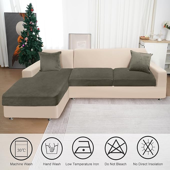 Sectional Couch Covers for 3-Piece Seat Cushion Velvet Separate L Shape Couch Cover Stretch Sofa Slipcover with 2 Pieces Pillowcases Furniture Protector (Sofa 2 Seater + 1 Chaise, Olive Green)