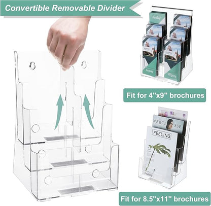 2 Pack Acrylic Brochure Holder 8.5 x 11 inches, 3 Tier Clear Brochure Display Stand with Removable Divider for Trifold 4 Inches Wide Pamphlet, Plastic Flyer Holder for Magazine, Literature, Booklet