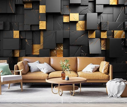Black and Gold 3D Wallpaper Bedroom Abstract Geometric Squares Background Wall Mural for Living Room Office（Not Peel and Stick）