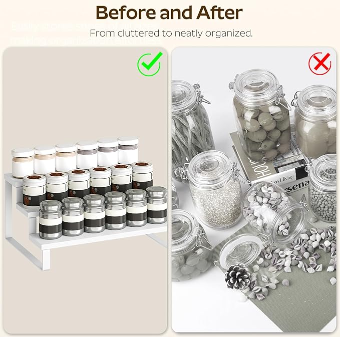 Spice Rack, Wooden Display Riser Stand, Set of 2, Vanity Display Stand, Perfume Organizer, Tiered Countertop Organizers, Space Saving, for Kitchen Spices,Syrup, Coffee Mugs, White SR03L2WW