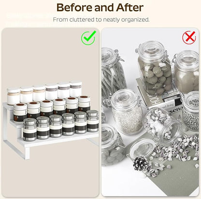 Spice Rack, Wooden Display Riser Stand, Set of 2, Vanity Display Stand, Perfume Organizer, Tiered Countertop Organizers, Space Saving, for Kitchen Spices,Syrup, Coffee Mugs, White SR03L2WW