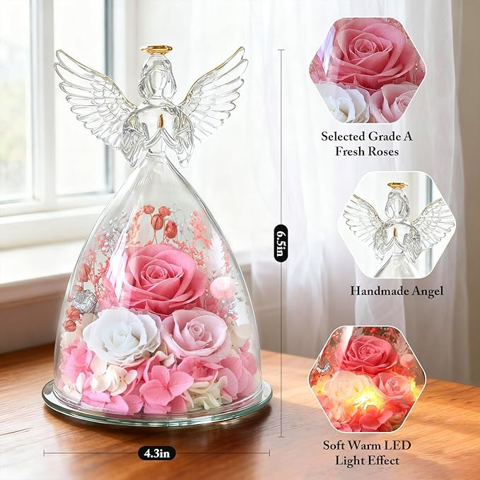 Valentines Day Roses Gifts for Women,Preserved Real Flowers Roses in Glass Angel Figurines,Valentines Day Gifts for Women Mom Wife Girlfriend./Pink