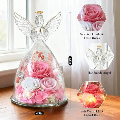 Valentines Day Roses Gifts for Women,Preserved Real Flowers Roses in Glass Angel Figurines,Valentines Day Gifts for Women Mom Wife Girlfriend./Pink