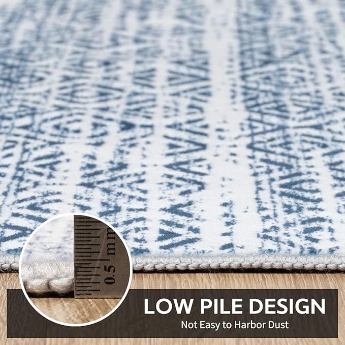 Small Area Rug-2x3 Entryway Rug Non Slip Washable Low Pile Indoor Door Mat Neutral Distressed Boho Moroccan Entrance Rugs Carpet for Bedroom Kitchen Powder Room Front Porch Bathroom, Blue