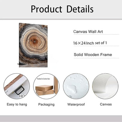 IBHJSART Framed Tree Ring Canvas Wall Art Vintage Colorful Wood Stump Painting Prints Modern Minimalist Pictures Neutral Nature Rustic Farmhouse Decor Living Room Bedroom Bathroom Office
