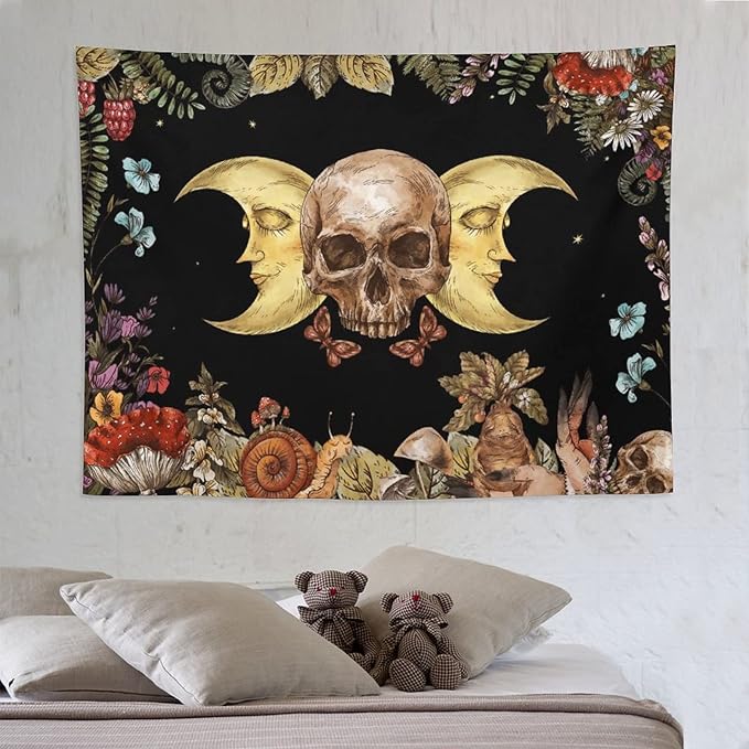 Boho Moon Skull Tapestry,Vintage Sun Moon Hippie Mushroom Floral Plant Tapestries Wall Hanging for Dorm Living Room Bedroom Decor(60"x80")