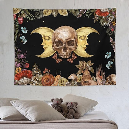 Boho Moon Skull Tapestry,Vintage Sun Moon Hippie Mushroom Floral Plant Tapestries Wall Hanging for Dorm Living Room Bedroom Decor(60"x80")