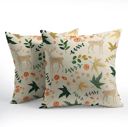 Deer Fall Pillow Covers 18x18 Set of 2 Green Cream Maple Leaf Autumn Outdoor Christmas Pillows Case Animal Print Pattern Decorative Xmas Cushion Cover Rustic Decoration Farmhouse Sofa Couch Bed Decor