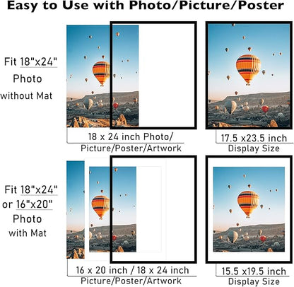 18x24 Picture Frame Set of 2 with 16x20 Mat, Display Photo 16x20 with Mat or 18 x 24 Without Mat, Wall Hanging Large 18 by 24 Poster Frame with Plexiglass, 2 Pack, Black
