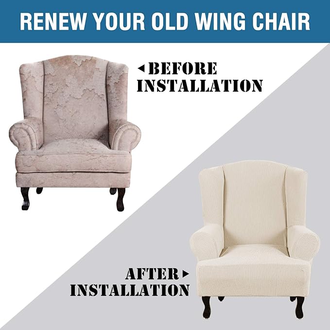 H.VERSAILTEX Wing Chair Slipcover Chair Covers for Wingback Chairs Wingback Chair Covers Slipcovers 1 Piece Stretch Sofa Cover Furniture Protector Soft Spandex Jacquard Checked Pattern, Natural
