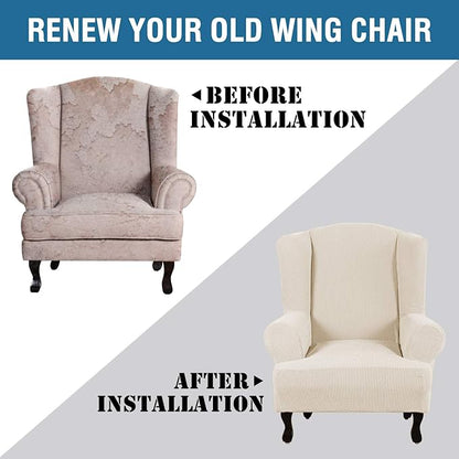 H.VERSAILTEX Wing Chair Slipcover Chair Covers for Wingback Chairs Wingback Chair Covers Slipcovers 1 Piece Stretch Sofa Cover Furniture Protector Soft Spandex Jacquard Checked Pattern, Natural