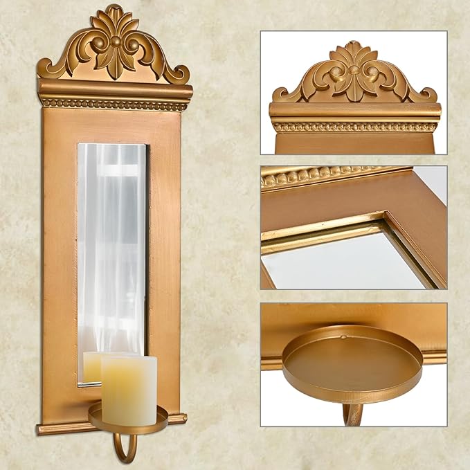 SwallowLiving Candle Sconces Wall Decor Set of 2, Large Antique Gold Wall Candle Holder, 20.5" Tall Hanging Mirrored Decoration for Living Room, Bedroom, Kitchen, Dining Room, Farmhouse Home Decor