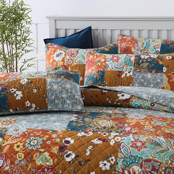 Cotton Bedspread Quilt Sets Reversible Bedding Coverlet Sets 3 Pieces Paisley Vintage Floral Yellow Blue Patchwork Bedspread, King Size