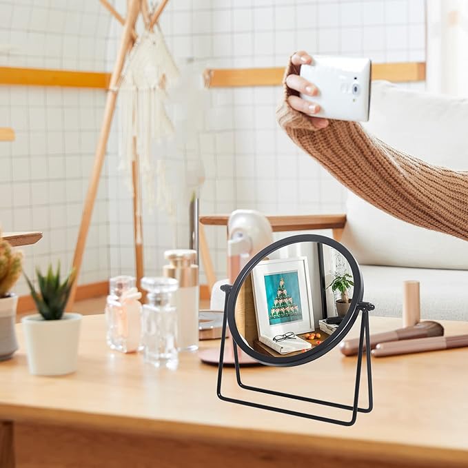 LONGSHENG - SINCE 2001 - Vintage Metal Cosmetic Mirror - Round Beauty Mirror - 6.49 inch for Dresser Vanity Table Desk - Black