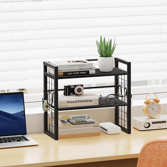 ELITEROO Desk Shelf Organizer, 2 Tier Desktop Bookshelf for Top of Desk Organization, Adjustable Wooden Storage Rack, Table Top Display Shelf for Home Office, Bedroom, Black