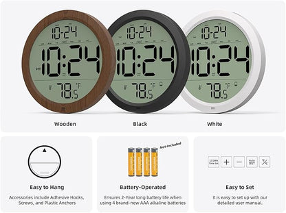 Digital Wall Clock with Date, Indoor Temperature, Auto-DST, Battery-Operated Digital Clock, 8 Inch Small Decorative Wood Wall Clock for Bedroom, Living Room, Kitchen, Office, Modern, Electric, Simple