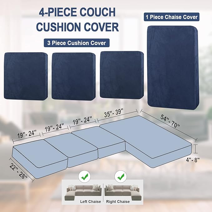 NAISI Sectional Couch Cover 4 Pieces Velvet Separate Couch Cushion Covers L Shape Soft Stretch Sofa Slipcovers with 2pcs Pillowcases for Left/Right Chaise Sectional Couch(3 Seater+1 Chaise,Navy)