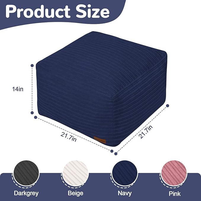 MeMoreCool Square Stuffed Pouf Ottoman Foot Rest, Stripe Furry Floor Pouf Foot Stool with Foam Chunk Filling, Soft Fluffy Stuffed Ottoman Footrest for Living Room, Corduroy Navy