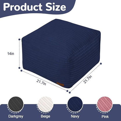 MeMoreCool Square Stuffed Pouf Ottoman Foot Rest, Stripe Furry Floor Pouf Foot Stool with Foam Chunk Filling, Soft Fluffy Stuffed Ottoman Footrest for Living Room, Corduroy Navy