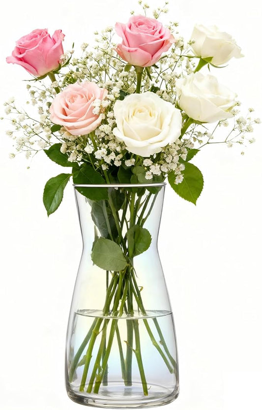 Modern Clear Glass Vase for Centerpiece Table Home Indoor Desk Decor, Decorative Flower Vases for Wedding Reception, Home Decor, Housewarming Gift (Iridescent)