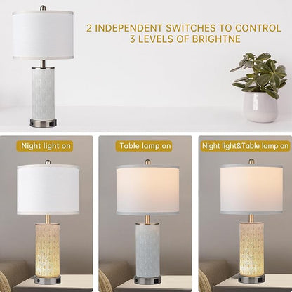 Irregular Ceramic Beautifully Engraved Decorative 25" Table Lamps Set of 2 with Nightlight,E26 Socket&Rotary Switch,USB A+C Ports,Modern Bedside Lamps for Nightstand,Bedroom(Bulbs Included)