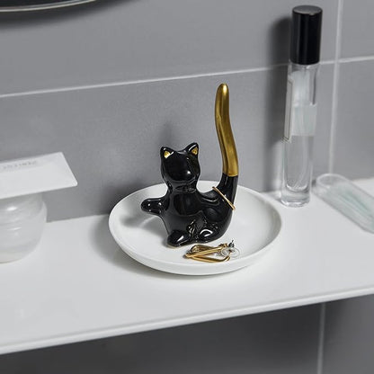 Cat Ring Holder Ceramic Jewelry Dish - Trinket Tray for Earrings and Organizer - Funny Themed Gifts for Cat Mom, Lovers, Birthday Gifts for Women
