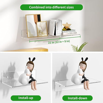 FEMELI 2 PCS 9" Acrylic Floating Shelves, Clear Shelf for Display, Plant, Perfume, Book in Bedroom Living Room Office, 5mm Thick Wall-Mounted Acrylic Shelves for Wall