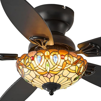 Tiffany Ceiling Fans with Lights - 48" Ceiling Fan Chandelier with 5 Dual-Blades and Glass Shade, 6 Speeds and Reversible, Indoor and Outdoor, Retro Style