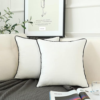 LIGICKY Set of 2 White Velvet Throw Pillow Covers Modern Minimalist Style Solid Decorative Black Rope Edging Soft Square Cushion Cases for Sofa Bedroom Party Décor, 24 x 24 inch