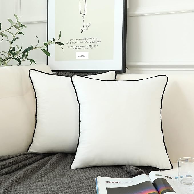 LIGICKY Set of 2 White Velvet Throw Pillow Covers Modern Minimalist Style Solid Decorative Black Rope Edging Soft Square Cushion Cases for Sofa Bedroom Party Décor, 26 x 26 inch