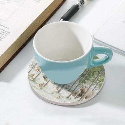 Round-4PCS Forest Drink Coasters, Round Modern Ceramic Absorbent Coasters, Cartoon Forest Nature Animal Bear, Deer, Fox, Rabbit Style Decor Desk Coffee Table Coaster for Beverage Cup Tea Coasters